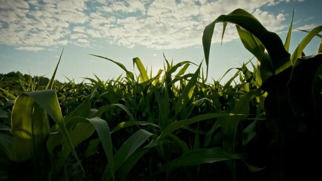 concept of crop monitoring a farmer walks through dense corn leaves and stalks in a sun-lit agriculture field, rows of golden corn stretch under high summer light as Glide moves among the crop