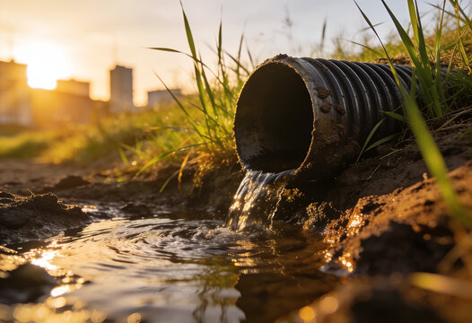 Professional infrastructure drainage pipe discharging water into a grassy field at sunset