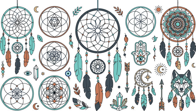 Bohemian dreamcatcher vector illustration set featuring native tribal feathers wolf hamsa hand sacred geometry symbols moon and mystical crystal elements isolated on white