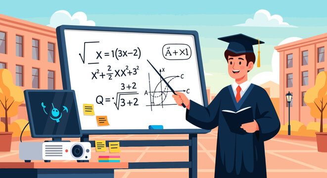 Male student in graduation gown explaining complex math equations on a whiteboard.