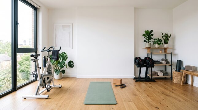 Modern home gym interior design with fitness equipment yoga mat stationary bike and bright windows realistic 3d rendering