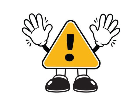 Cute Warning Sign Mascot Cartoon Character with Raised Hands Isolated on White Background