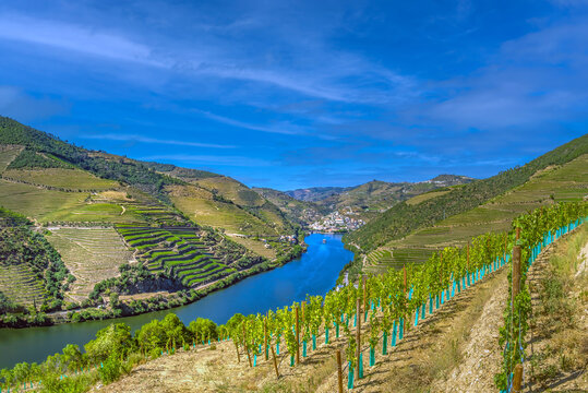 Dramatic view Douro river valley near the picturesque wine town of Pinh&atilde;o, Portugal