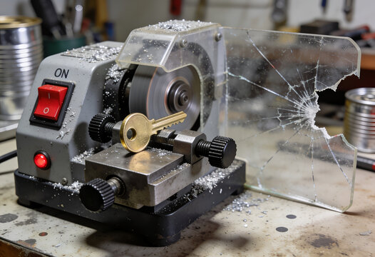 Professional electric key cutting machine duplicating brass key blank in a workshop