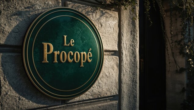 Closeup of green and gold sign on stone wall reading Le Procope