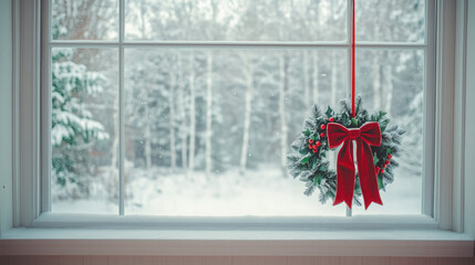 Obraz premium Christmas wreath with big red bow hanging on window with winter snow view
