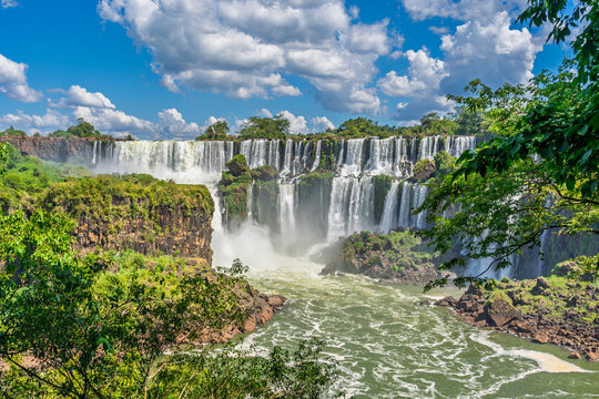 Scenic view of a large waterfall in the tropical rainforest of Brazil