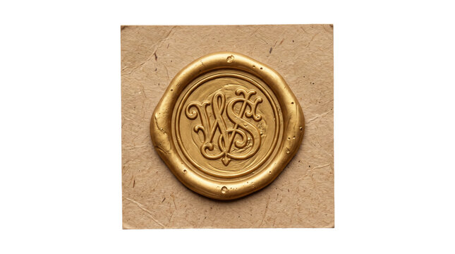 Vintage gold wax seal with monogram on craft paper, elegant metallic stamp for wedding invitations, classic wax seal for luxury branding