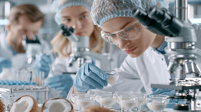 AI generator images of Quality control laboratory inside a coconut milk manufacturing plant, technicians testing fresh coconut milk samples with laboratory instruments, microscopes, food safety analys
