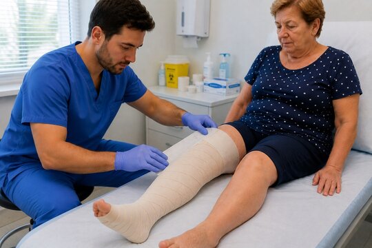 Male nurse applying compression bandage in figure-eight technique to elderly woman with leg edema in clinical setting