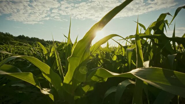 Idea of agribusiness bright green corn leaves sway under clear blue sky, vast summer corn field stretches across the horizon, indicating industry scale while a farmer oversees the rows in the season