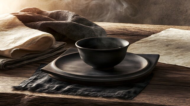 Black bowl and textured linen from a direct eye level perspective