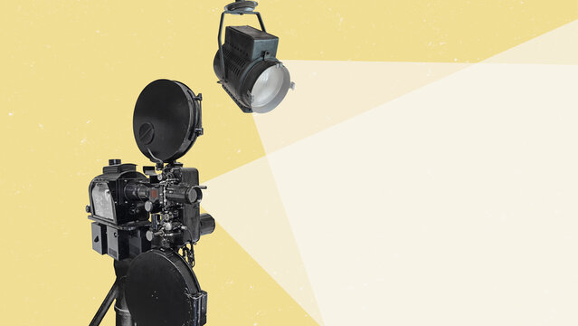 Flat design art. Film production - retro vintage film projector with copy space. Vintage cinema poster.