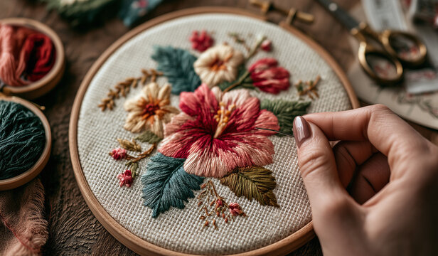 AI generator images of working process of cross-stitching, Embroidery Kit: Features a vintage floral design on Aida fabric secured in a wooden hoop. It includes essential tools&mdash;such as a sharp embroid