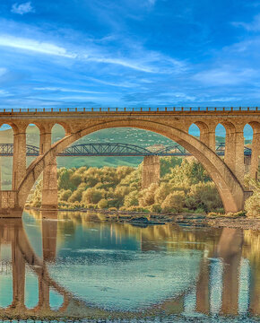 Ponte Rodoviaria da Regua (Regua Road Bridge) with the metal pedestrian bridge in the background, Peso da R&eacute;gua, Vila Real, Portugal