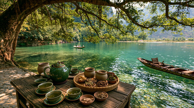AI-generated images featuring tea-sipping with a view and scenic boat cruises amidst beautiful mountains, limestone peaks, and clear green waters.