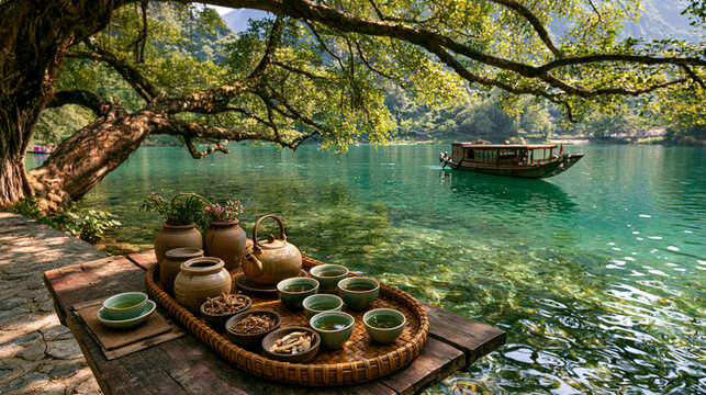 AI-generated images featuring tea-sipping with a view and scenic boat cruises amidst beautiful mountains, limestone peaks, and clear green waters.