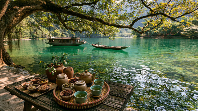 AI-generated images of a lakeside seating area for sipping tea and enjoying snacks, featuring a beautiful lake view.