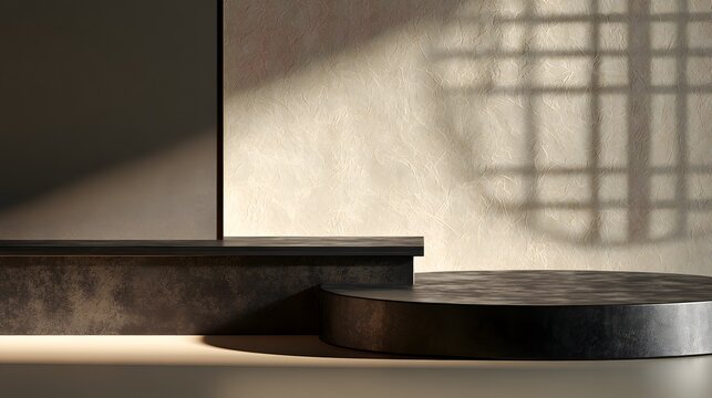 Low black display bench in a bright contemporary setting