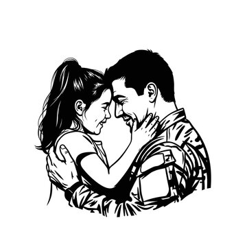 Military Father Hugs Daughter Emotional Reunion Black and White Illustration