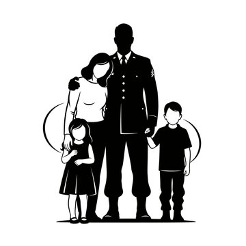 Military Family Silhouette: Soldier, Wife, Daughter, Son Standing Together