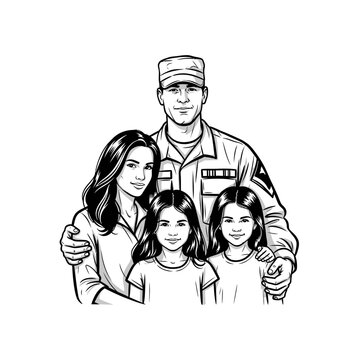 Proud Soldier Smiling with Wife and Daughters - Family Portrait
