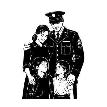 Military Family Portrait: Soldier Embraces Wife and Children - Black & White Illustration