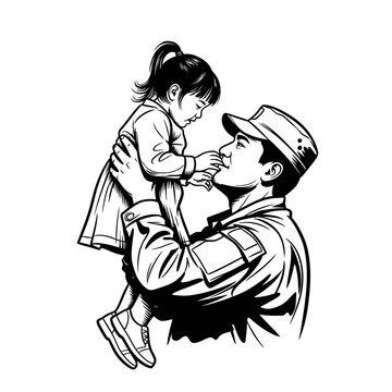 Army Father Hugs Daughter, Military Man Carrying Child, Homecoming Joy