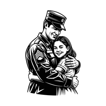 Soldier Dad Hugging Daughter Black and White Illustration