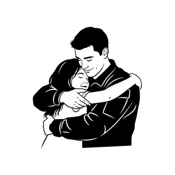 Couple Hugging Affectionately, Black and White Illustration