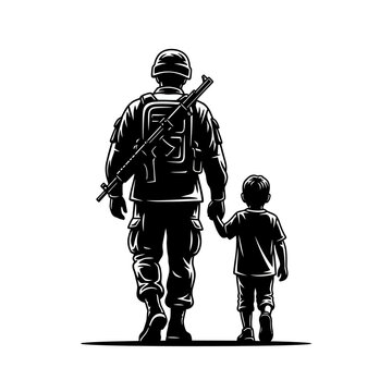 Soldier and Child Holding Hands, Military Family Concept, Silhouette