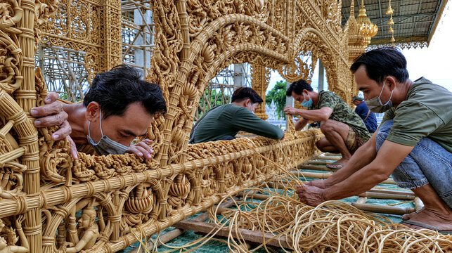 AI generator images of carving and assembly of candles for the Candle Festival, unique cultural tradition of Ubon Ratchathani  thailand ,held to mark a significant Buddhist occasion that is renowned 