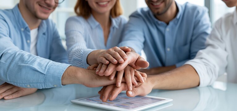 A diverse team collaborates over a tablet with a vibrant schedule, symbolizing creativity and teamwork.