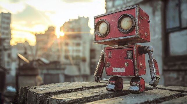 The sunset casts a beautiful glow on a cute red pixel robot toy in the city.