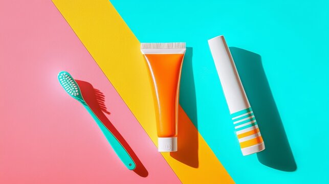 A playful display of a toothpaste tube and toothbrush in eye-catching hues.