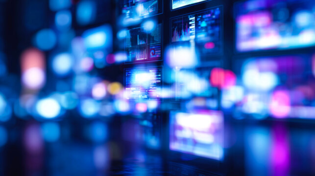 サイバー空間とデータの画面がネオンに輝く未来的な抽象背景
