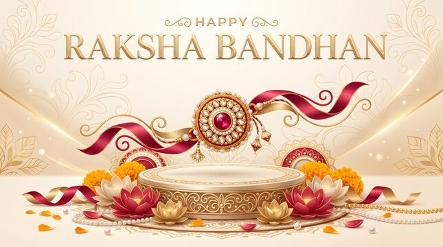 Happy Raksha Bandhan Indian festival ornate podium rakhi celebration flowers golden background.