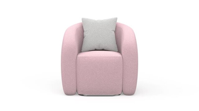 Modern rose colored boucle armchair on white background