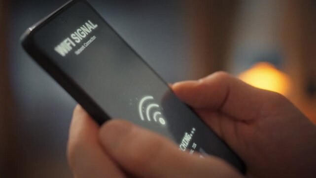In home setting, man intently watches his smartphone screen as it attempts to connect to a Wi-Fi network in real-time, illustrating the convenience of internet accessibility from anywhere at any time