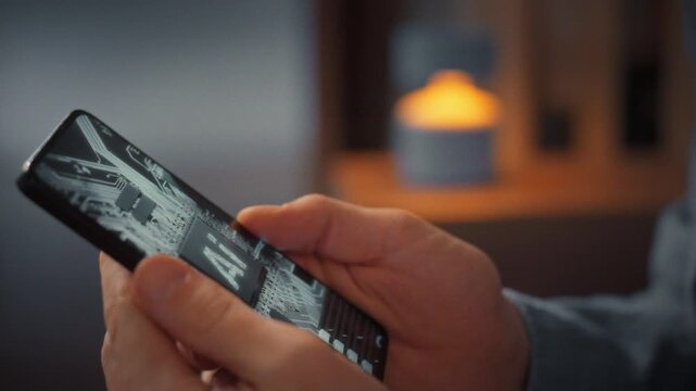 In man's hand, smartphone screen shows AI assistant installation, as the user deliberately activates personal assistant to streamline daily tasks, highlighting technology merges with everyday life