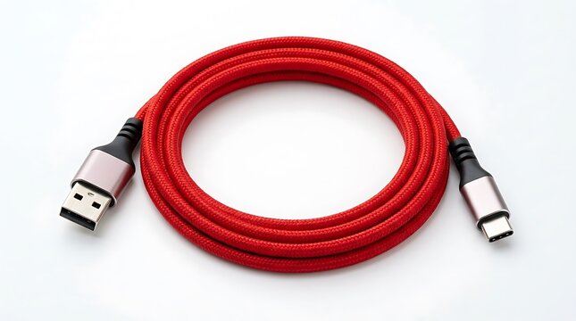 Red usb type c charging cable coiled on surface isolated on white background