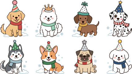 Cute winter cartoon dogs in festive party hats and warm scarves vector illustration set featuring golden retriever corgi husky pug and dalmatian. © MdShakib