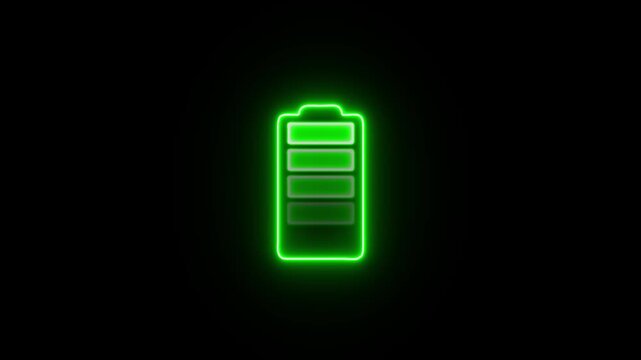 Neon battery fast charging animation, Glowing animated battery icon. Abstract sign of the neon battery charging on black screen background.