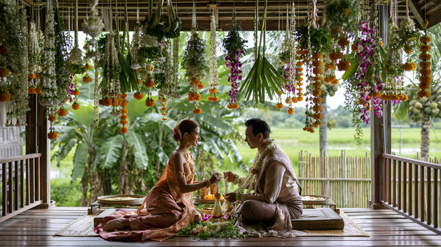 AI generator images of Thai Wisdom and Cultural Heritage ,Fresh flower arrangements used to decorate home and for important Thai ceremonies such as weddings  ceremony. fragrance of thailand