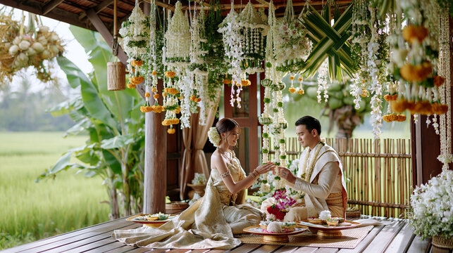 AI generator images of Thai Wisdom and Cultural Heritage ,Fresh flower arrangements used to decorate home and for important Thai ceremonies such as weddings  ceremony. fragrance of thailand