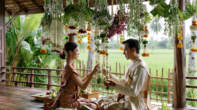 AI generator images of Thai Wisdom and Cultural Heritage ,Fresh flower arrangements used to decorate home and for important Thai ceremonies such as weddings  ceremony. fragrance of thailand