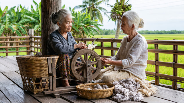 AI generator images of  An elderly Thai woman is reeling silk&mdash;one of the production steps for silk fabric, which represents a unique cultural tradition of Asian village life.