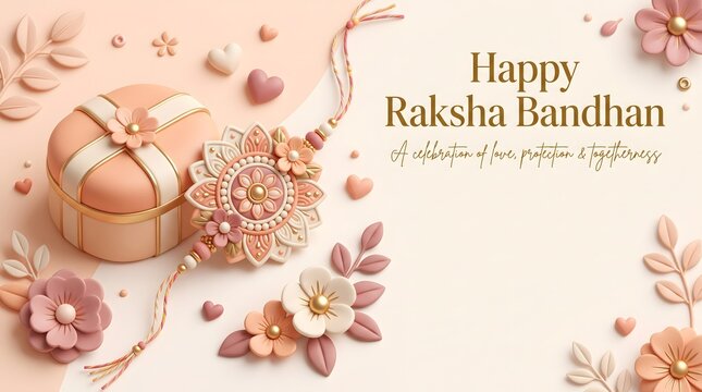 Soft pastel raksha bandhan background with floral elements and decorative gift box for siblings.