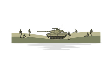 Obraz premium Military tank and soldiers on terrain vector illustration