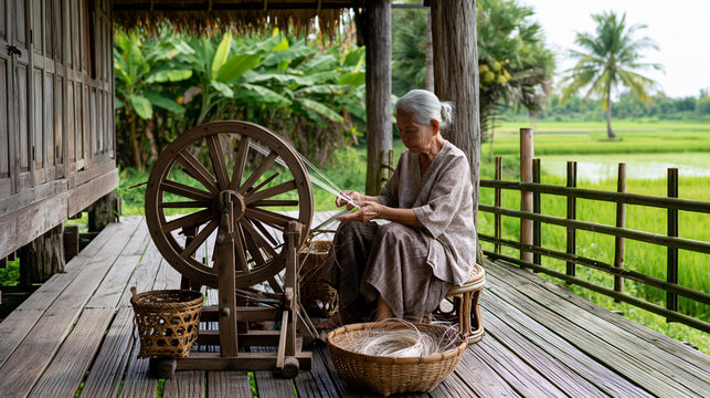 AI generator images of  An elderly Thai woman is reeling silk&mdash;one of the production steps for silk fabric, which represents a unique cultural tradition of Asian village life.